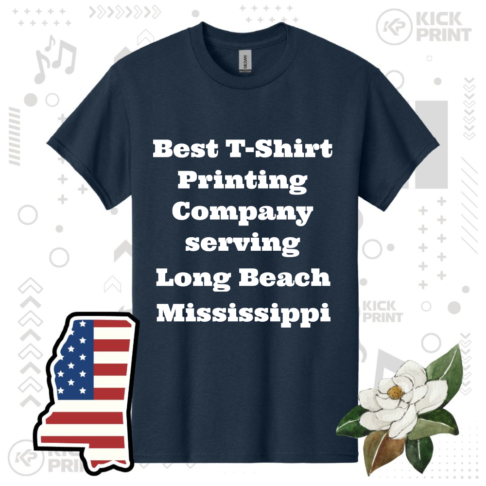 A navy blue T-shirt with bold white text reading Best T-Shirt Printing Company serving Long Beach, Mississippi. Surrounding graphics include an outline of Mississippi with a U.S. flag design and a magnolia flower.
