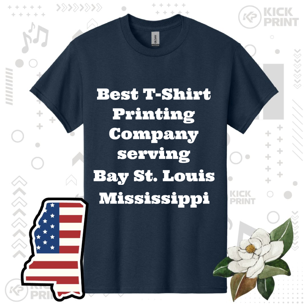 A navy blue t-shirt with bold white text that reads, Best T-Shirt Printing Company serving Bay St. Louis Mississippi. Surrounding the shirt are graphics: a Mississippi state outline with a flag design and a magnolia flower.