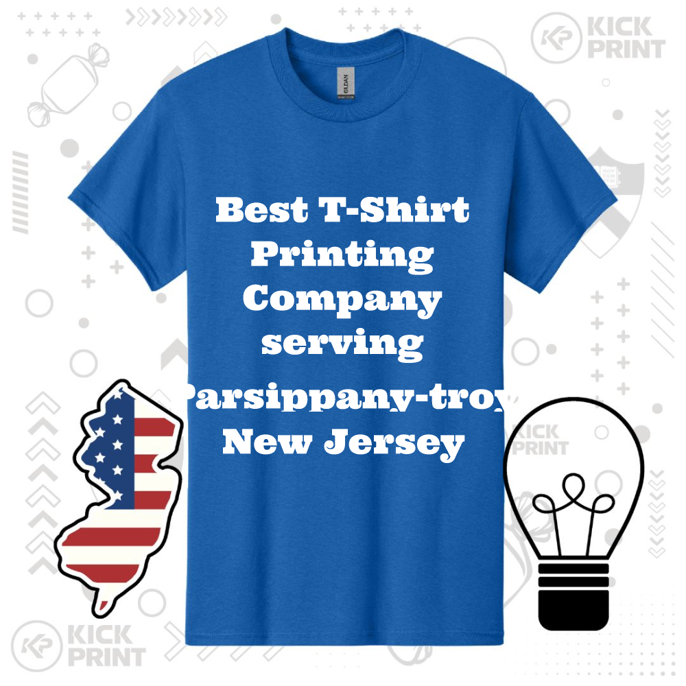 A blue t-shirt with bold white text that reads: Best T-Shirt Printing Company serving Parsippany-Troy, New Jersey. Clipart of New Jersey with an American flag design and a lightbulb are displayed in the background.