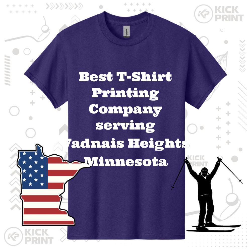 A purple t-shirt with the text Best T-Shirt Printing Company serving Vadnais Heights, Minnesota. Next to the shirt are a Minnesota state outline with an American flag design and a silhouette of a skier.
