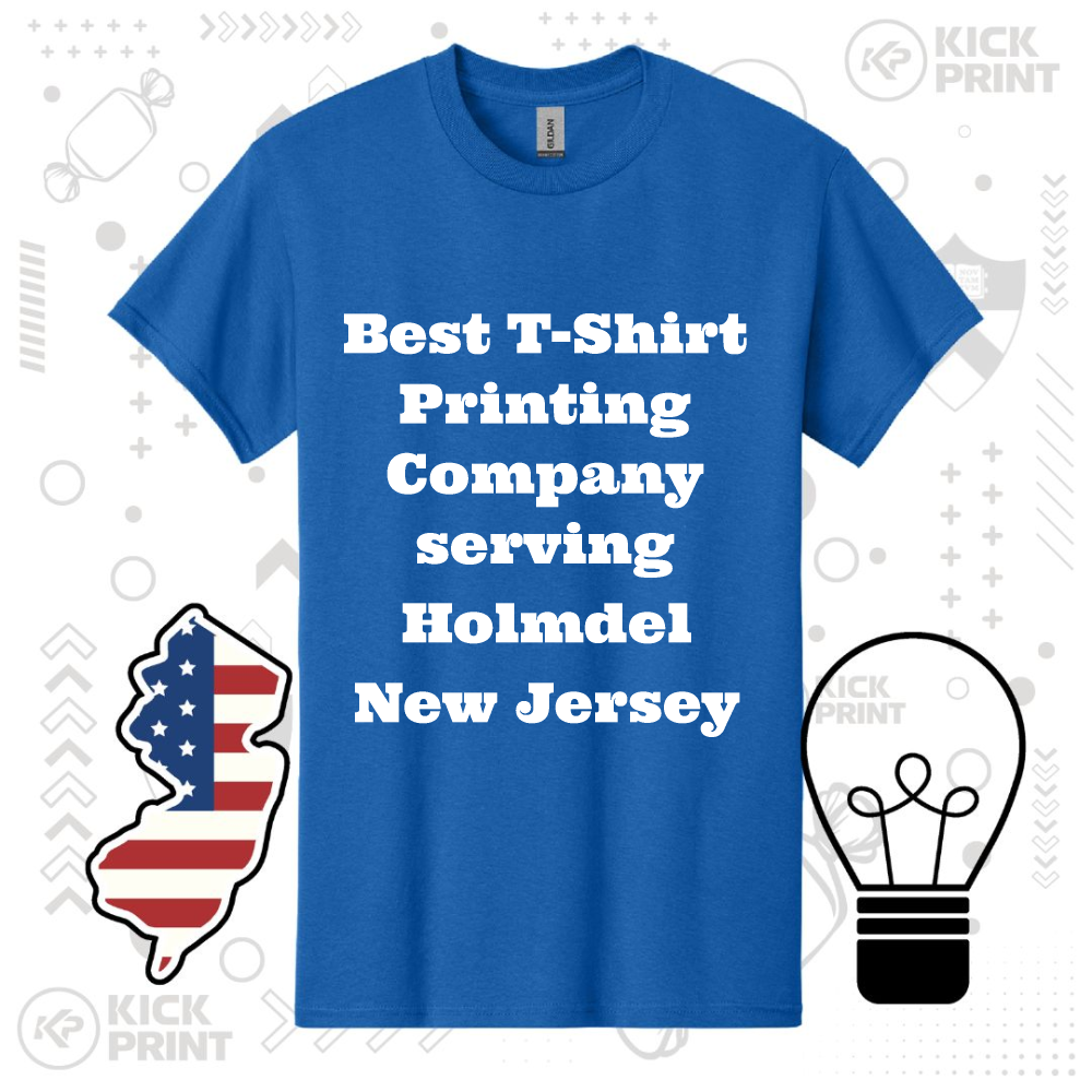 Blue t-shirt with bold white text reading Best T-Shirt Printing Company serving Holmdel New Jersey, surrounded by graphics of New Jersey with an American flag pattern and a light bulb on a patterned background.