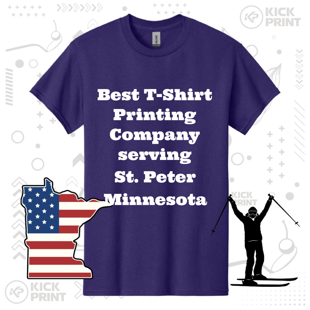 A purple t-shirt with white text reading Best T-Shirt Printing Company serving St. Peter Minnesota. Next to it are graphics of Minnesota with a US flag pattern and a person skiing.