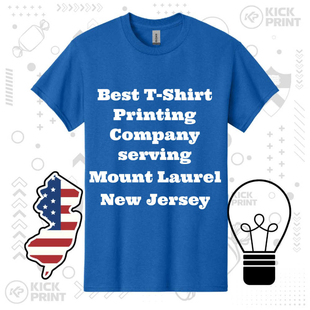 Blue t-shirt with bold white text reading Best T-Shirt Printing Company serving Mount Laurel New Jersey, surrounded by a New Jersey graphic and a light bulb illustration on a patterned background.