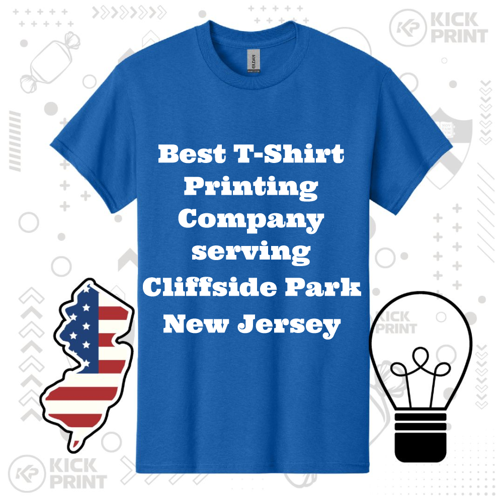 A blue t-shirt with white text that reads, Best T-Shirt Printing Company serving Cliffside Park New Jersey, surrounded by a New Jersey state graphic and a lightbulb illustration.
