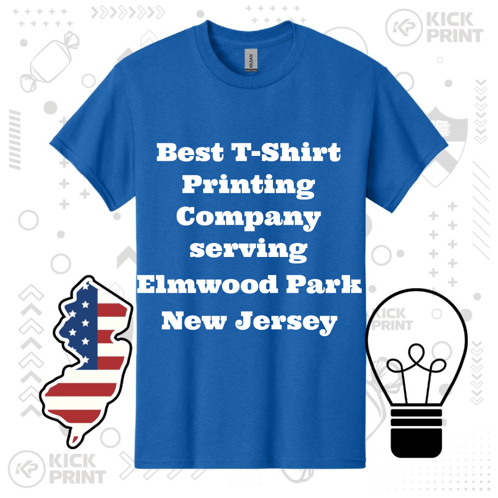 A blue T-shirt displays the text Best T-Shirt Printing Company serving Elmwood Park New Jersey. The background features a graphic of New Jersey with a US flag pattern and an illustrated light bulb.