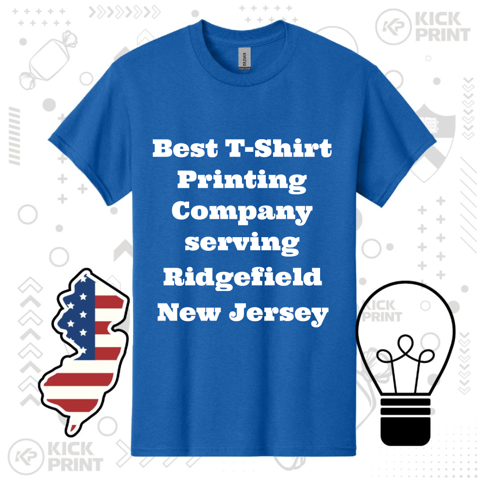 A blue t-shirt displays the text Best T-Shirt Printing Company serving Ridgefield New Jersey in bold white letters. The background includes icons of New Jersey’s outline with a flag design and a lightbulb.