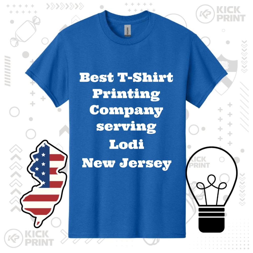 Blue t-shirt with bold white text that reads, Best T-Shirt Printing Company serving Lodi New Jersey, displayed on a graphic background with a US map, lightbulb icon, and printing-themed illustrations.