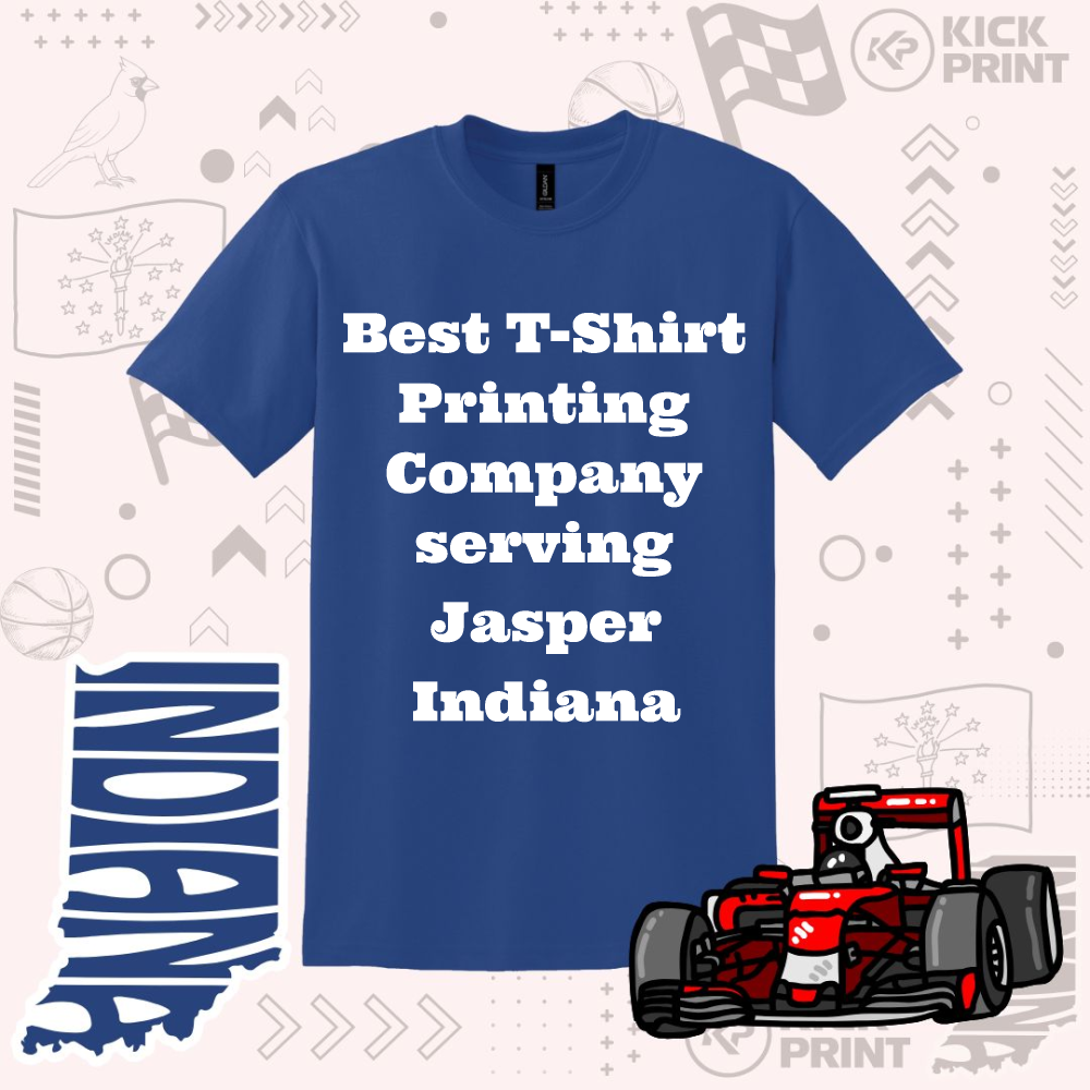 A blue T-shirt with bold white text reads, Best T-Shirt Printing Company serving Jasper Indiana. The background includes Indiana icons, a race car, and the word INDIANA in stylized letters.