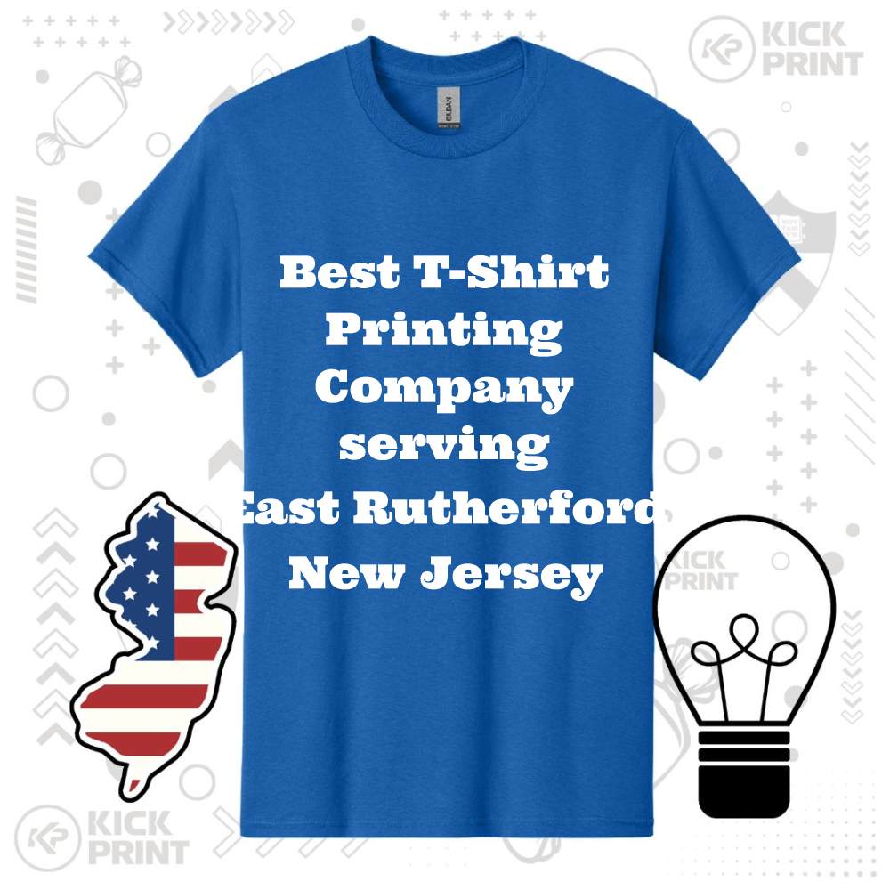 A blue t-shirt displays the text Best T-Shirt Printing Company serving East Rutherford New Jersey. The background includes a New Jersey outline with an American flag pattern and a black lightbulb illustration.