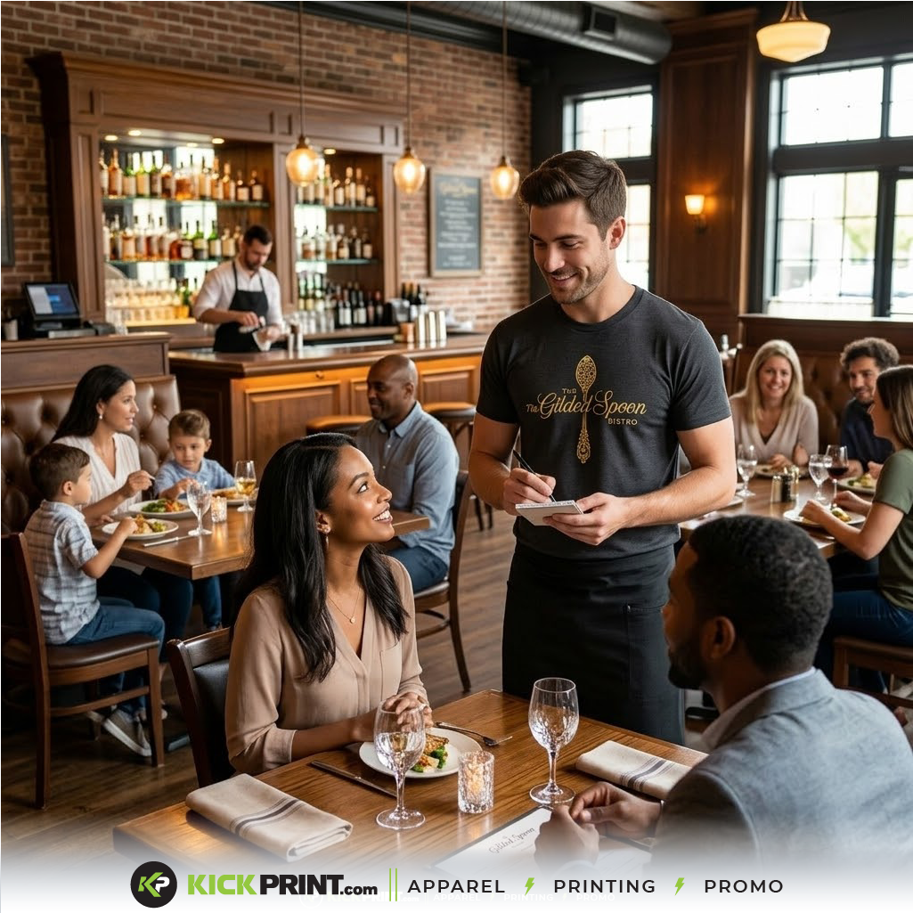 A smiling waiter in a custom restaurant t-shirt takes an order from a seated couple in a busy, warmly lit restaurant. Other diners, including families and friends, enjoy their meals in the welcoming, lively atmosphere.