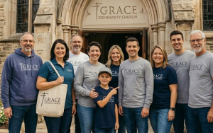 A group of smiling people stand together outside a stone building with a sign reading “Grace Community Church.” They wear matching church t-shirts and hold a tote bag with the church’s logo as a young boy points at the group.