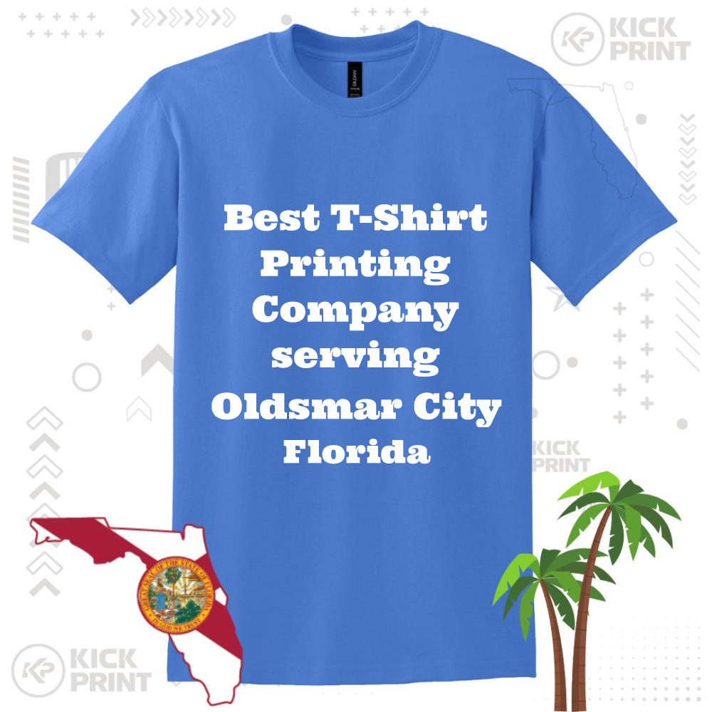 A blue T-shirt with bold white text that reads, Best T-Shirt Printing Company serving Oldsmar City Florida, displayed with graphics of Floridas state seal, a palm tree, and light geometric accents.