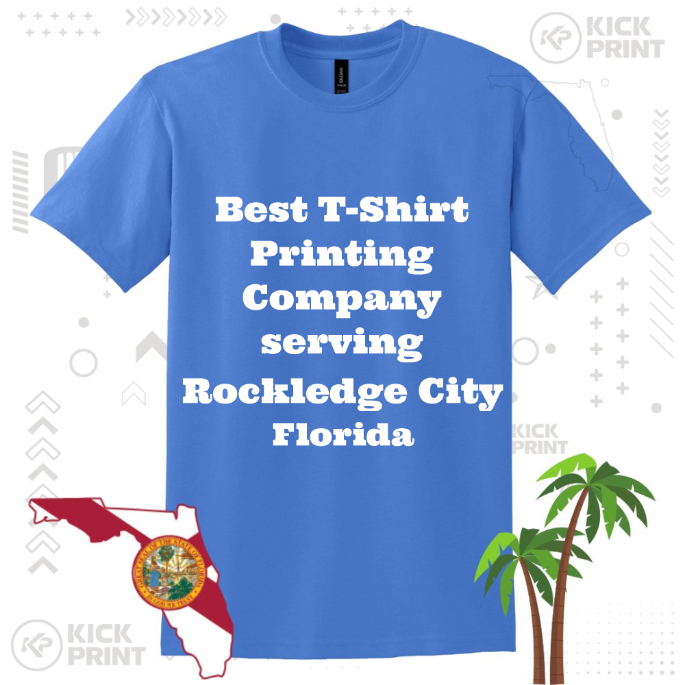 Blue t-shirt with bold white text that reads: Best T-Shirt Printing Company serving Rockledge City Florida. The background features a Florida map illustration, the state seal, palm trees, and decorative graphics.