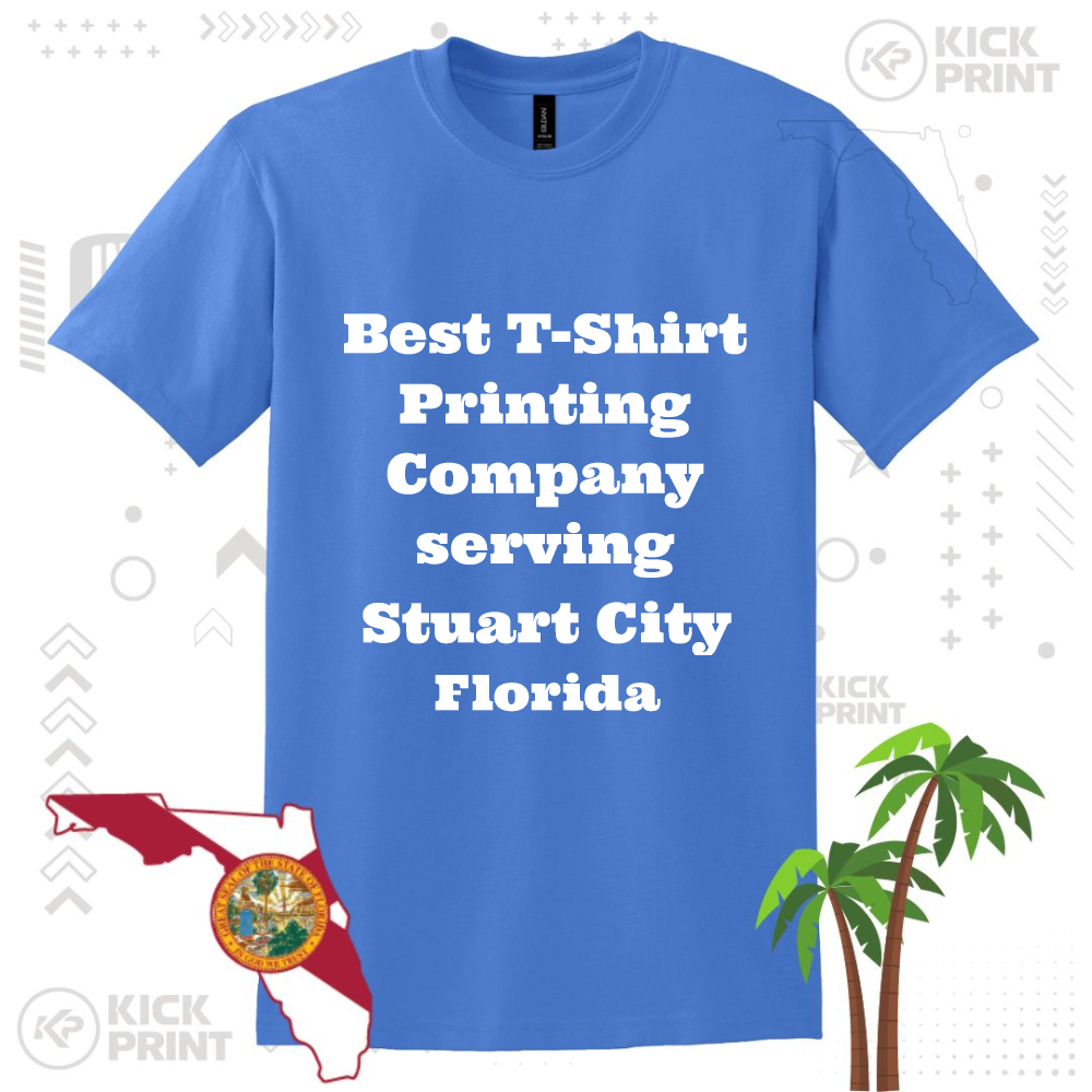 A blue T-shirt with bold white text reading Best T-Shirt Printing Company serving Stuart City Florida, next to a palm tree graphic and an image of Florida with a state seal. Background has light geometric designs.