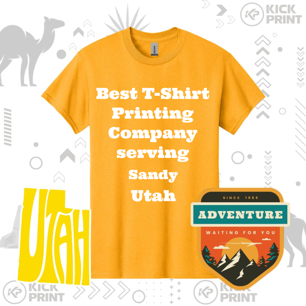 Yellow T-shirt with white text reading Best T-Shirt Printing Company serving Sandy Utah, surrounded by Utah-themed graphics and a badge saying ADVENTURE - Waiting for you.
