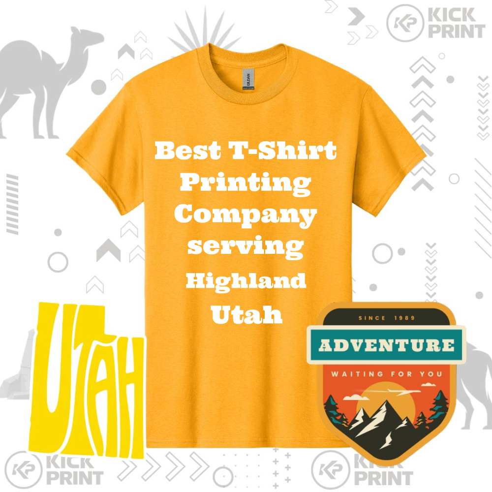 Yellow t-shirt with white text reading Best T-Shirt Printing Company serving Highland Utah, surrounded by Utah-themed graphics, including a yellow Utah logo and an adventure badge with mountains.