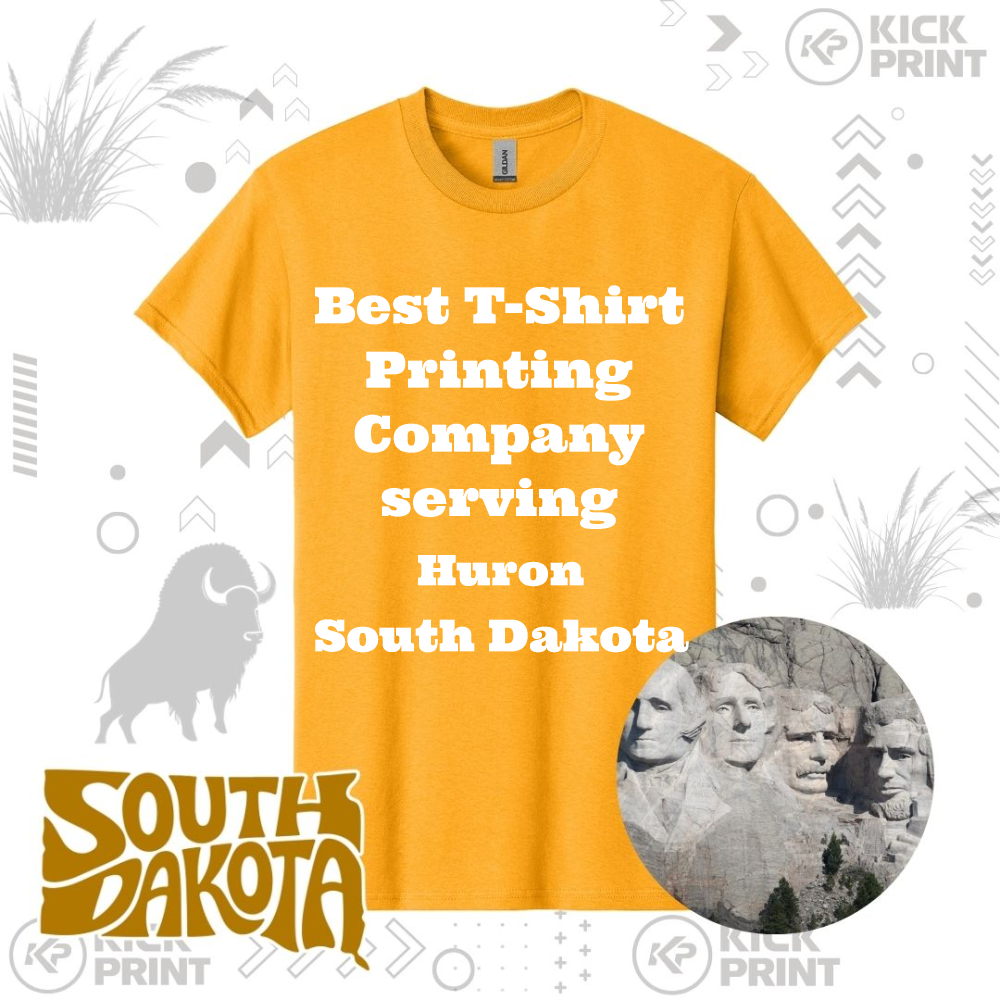 Yellow t-shirt with the text Best T-Shirt Printing Company serving Huron South Dakota, surrounded by South Dakota-themed graphics, including a bison, Mount Rushmore, and South Dakota text.