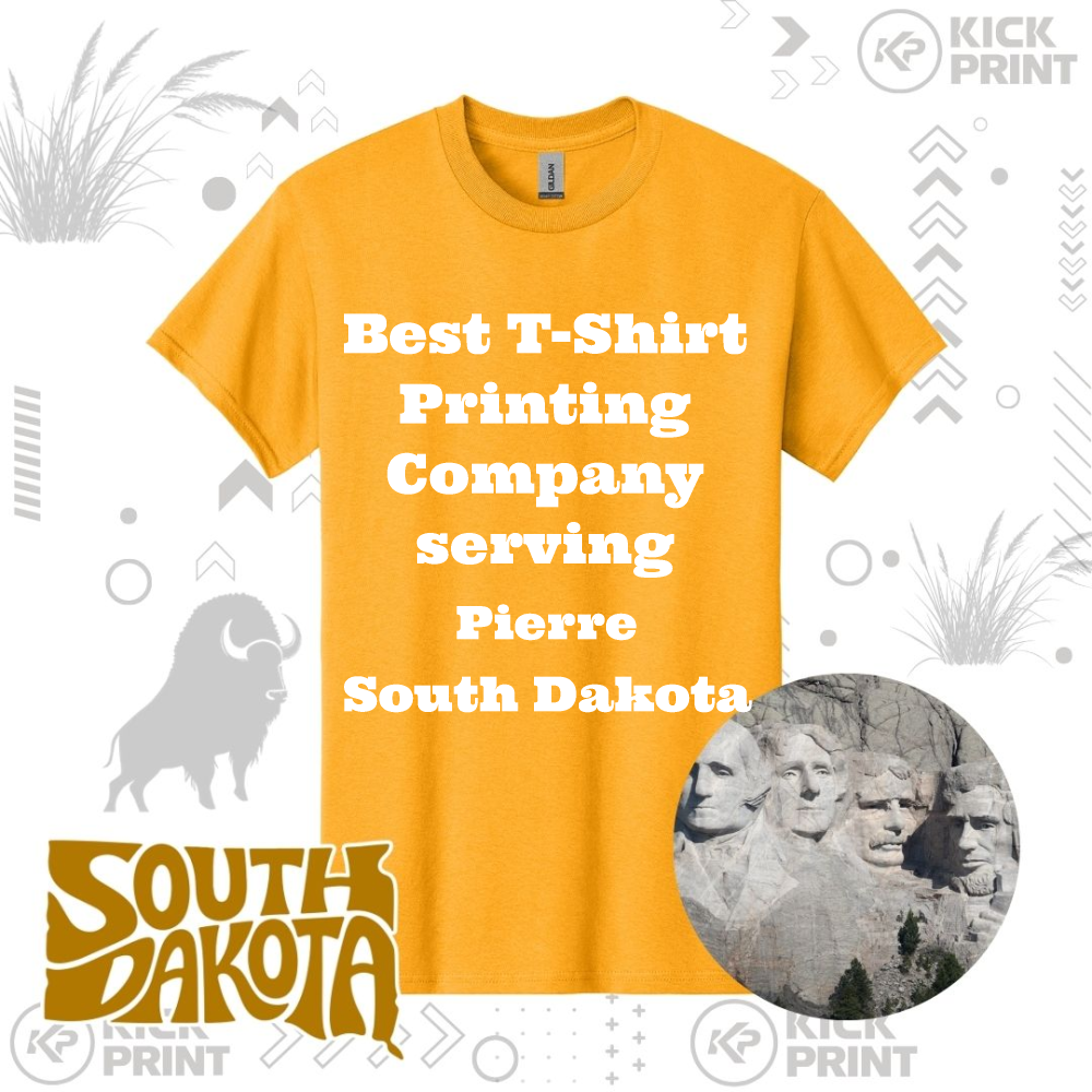 A yellow t-shirt with white text reads, Best T-Shirt Printing Company serving Pierre South Dakota. The image includes graphics of a buffalo, South Dakota text, Mount Rushmore, and decorative patterns.