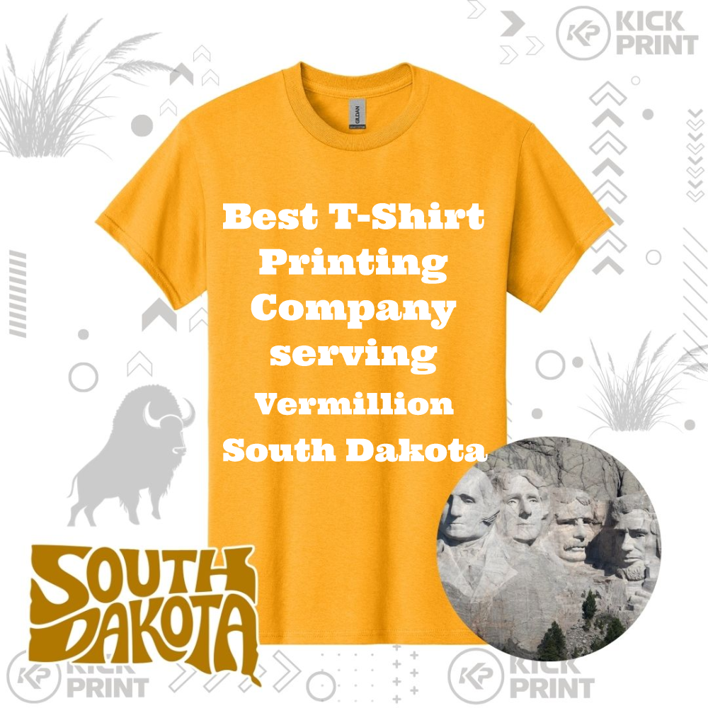 A yellow T-shirt displays the text Best T-Shirt Printing Company serving Vermillion South Dakota. The image features a South Dakota logo, a bison graphic, Mount Rushmore, and decorative design elements.