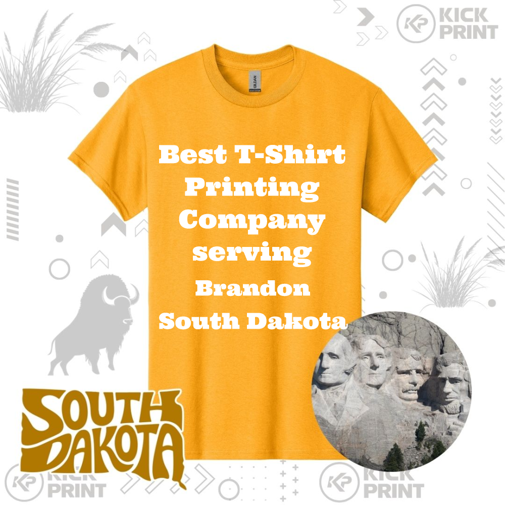 A yellow t-shirt with bold white text says Best T-Shirt Printing Company serving Brandon South Dakota. Background includes a buffalo, South Dakota logo, and Mount Rushmore image.