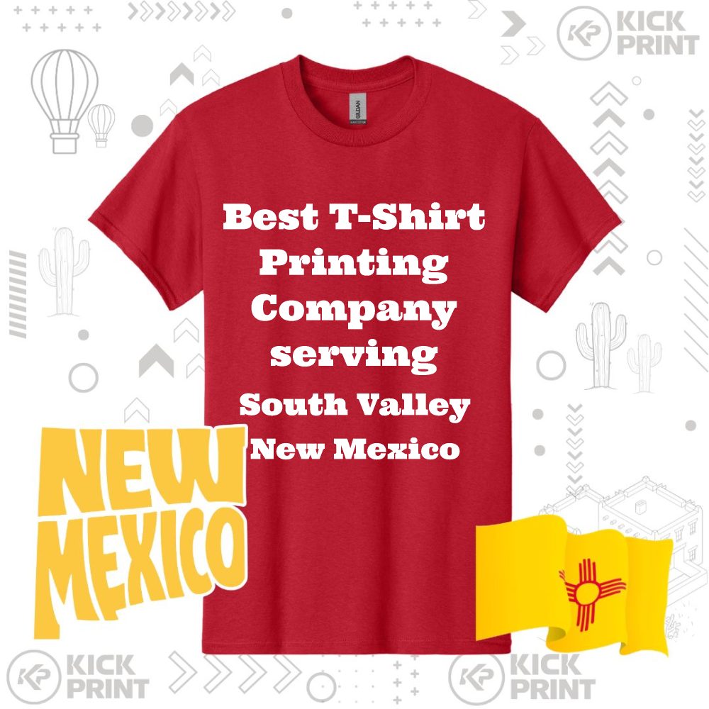 A red t-shirt with the text Best T-Shirt Printing Company serving South Valley New Mexico displayed on it. The image also features New Mexico-themed graphics and a state flag.