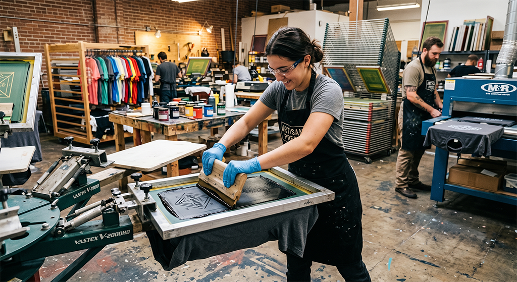 A woman wearing gloves and an apron is screen printing a design onto a T-shirt in a busy workshop at the fastest T-shirt printing company. Colorful shirts, printing supplies, and other people working are visible in the background.