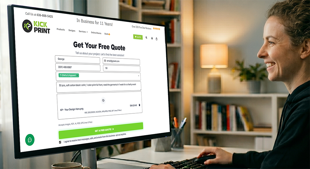 A smiling person sits at a desk using a desktop computer, filling out an online quote form on the T-Shirt Printing Company Kick Print—known for the fastest T-shirt printing—in a well-lit home office with bookshelves and plants in the background.
