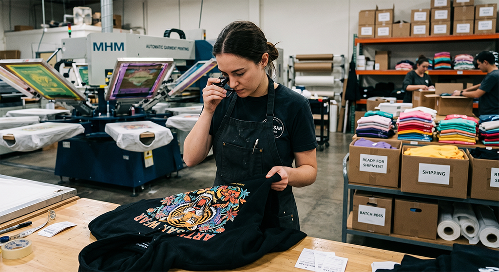 A woman in a workshop closely inspects a black sweatshirt with a colorful tiger and floral design—evidence of the T-Shirt Printing Company’s quality. Shelves of folded shirts and boxes labeled Ready for Shipment are visible in the background.