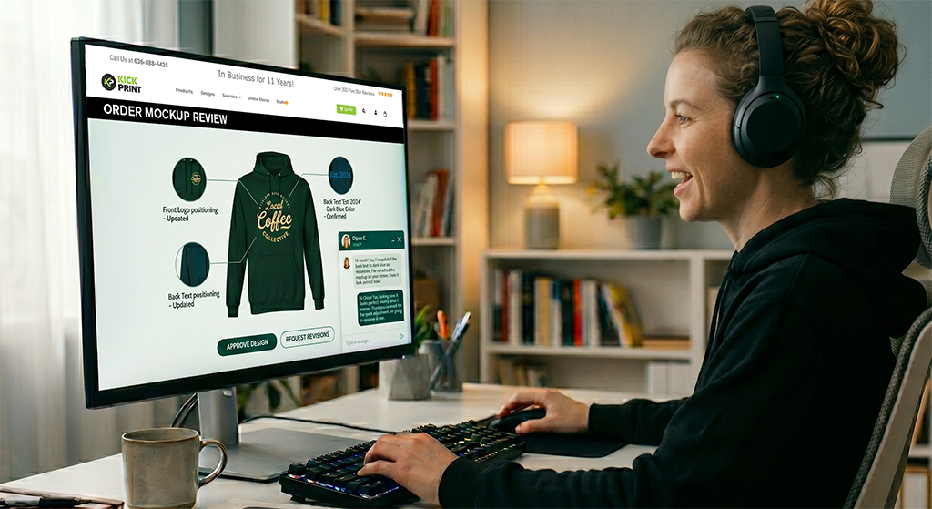 A woman wearing headphones sits at a desk, smiling while looking at a T-Shirt Printing review page on a custom print website. A bookshelf and plants are visible in the background.