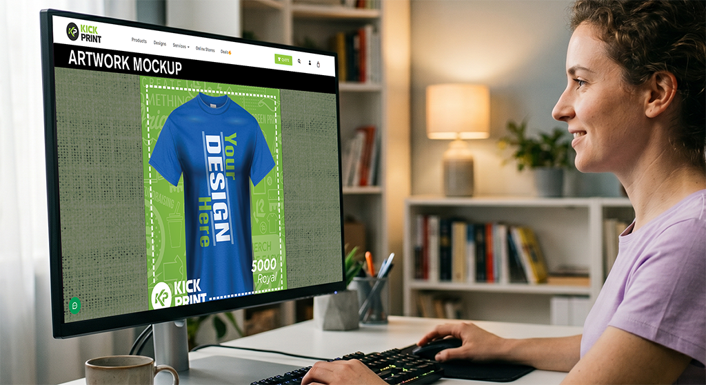 A woman sits at a desk using a computer, viewing a blue t-shirt mockup with the text Your Design Here on the screen in a well-lit home office, exploring options from the fastest T-shirt printing company.