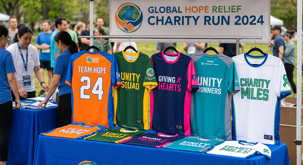 A display table at the Global Hope Relief Charity Run 2024 shows colorful event t-shirts with slogans like “Team Hope” and “Unity Runners,” produced by a fast t-shirt printing company. People mingle in the background.