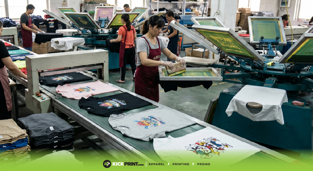 Workers in a screen printing factory, known as the fastest T-shirt printing company, print colorful designs on t-shirts using large machines. Finished shirts move along a conveyor belt in this busy workspace filled with people and equipment.