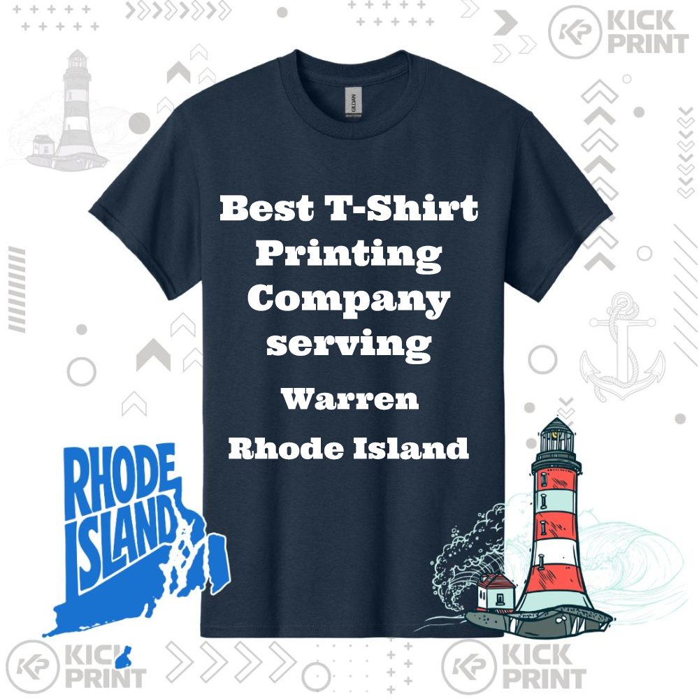 A navy blue t-shirt displays the text: Best T-Shirt Printing Company serving Warren Rhode Island. The background features lighthouse illustrations, a Rhode Island graphic, and nautical-themed icons and logos.