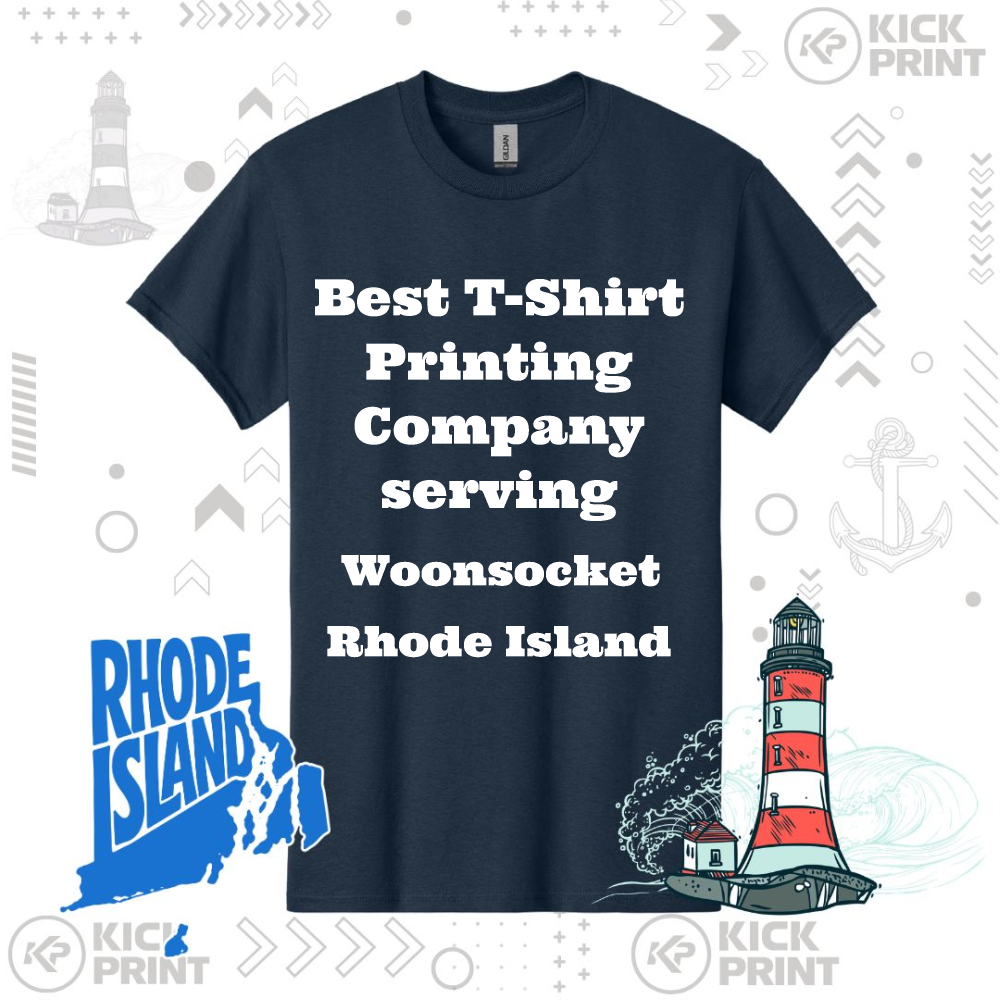 Navy blue T-shirt with bold white text: Best T-Shirt Printing Company serving Woonsocket Rhode Island. Background features lighthouse illustrations, an anchor, and a blue Rhode Island map with RHODE ISLAND in bold letters.
