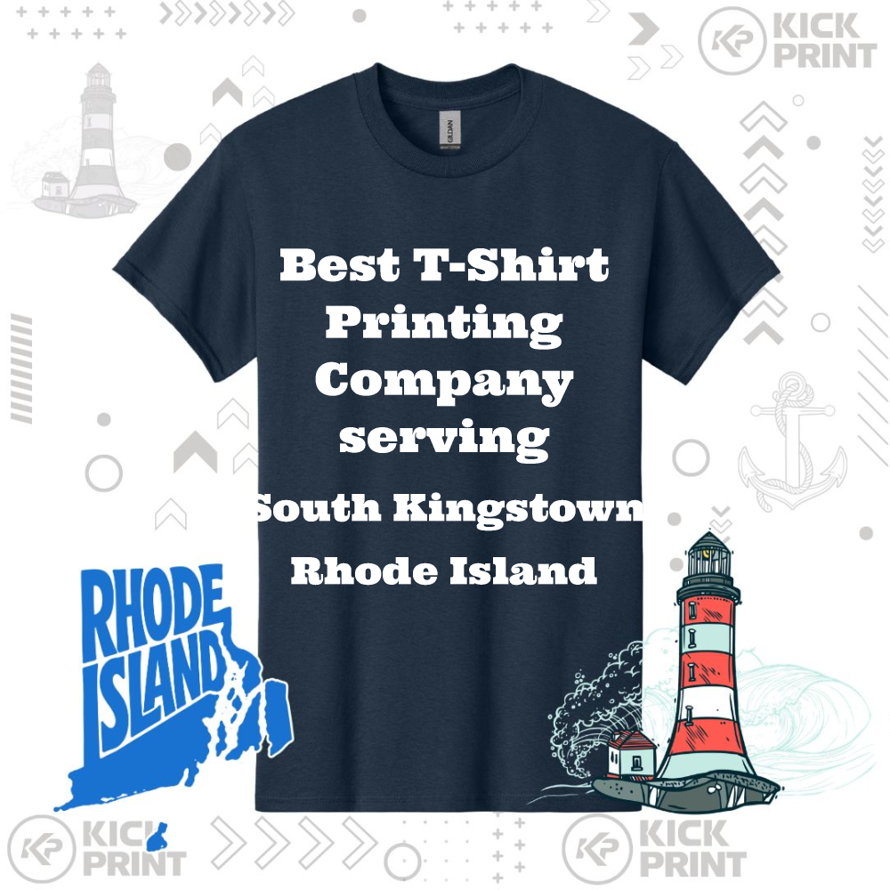 A navy blue t-shirt displays the text Best T-Shirt Printing Company serving South Kingstown Rhode Island, surrounded by lighthouse, anchor, Rhode Island map, and ocean-themed graphics.