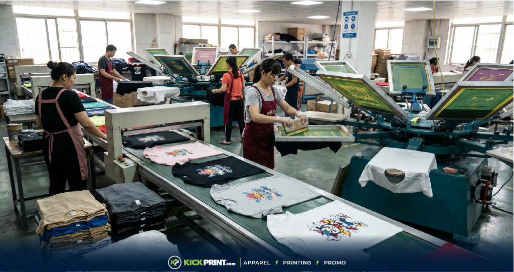 Workers in a T-Shirt Printing Company operate screen printing machines to apply colorful designs onto t-shirts. Finished shirts and stacks of blank apparel are visible around the workspace.